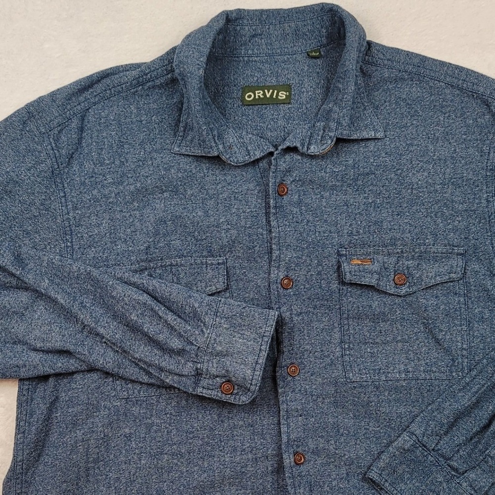 Orvis Mens Flannel Shirt Blue Heather Herringbone Button Down Large RN70534